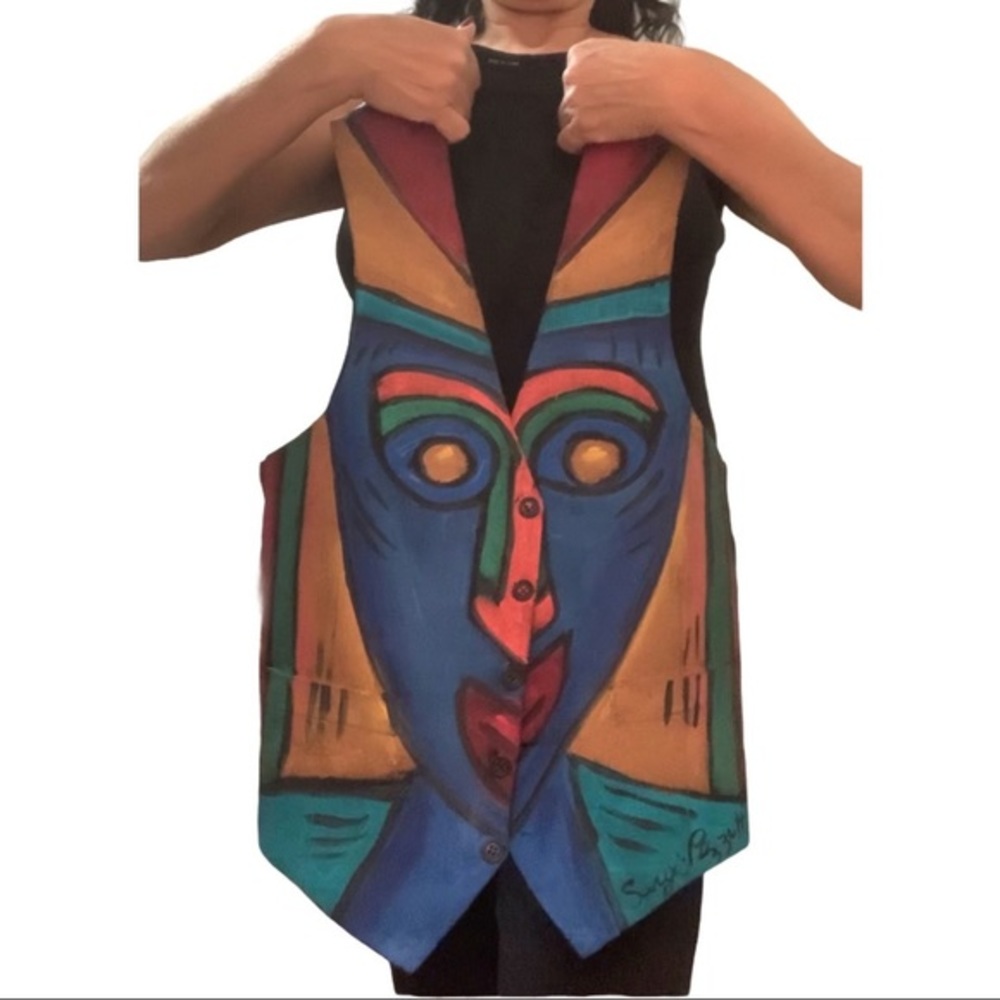 OOAK Sergio Petruzzi Hand Painted Art To Wear Vest Tribal Mask Face Motif Small
